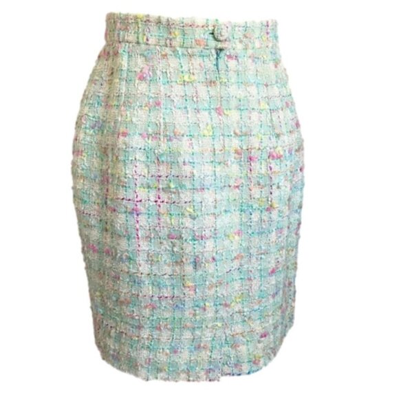 Vintage 90s Emmanuelle Khanh Paris Green Confetti Bouclé Wool Skirt - Small - Picture 7 of 11